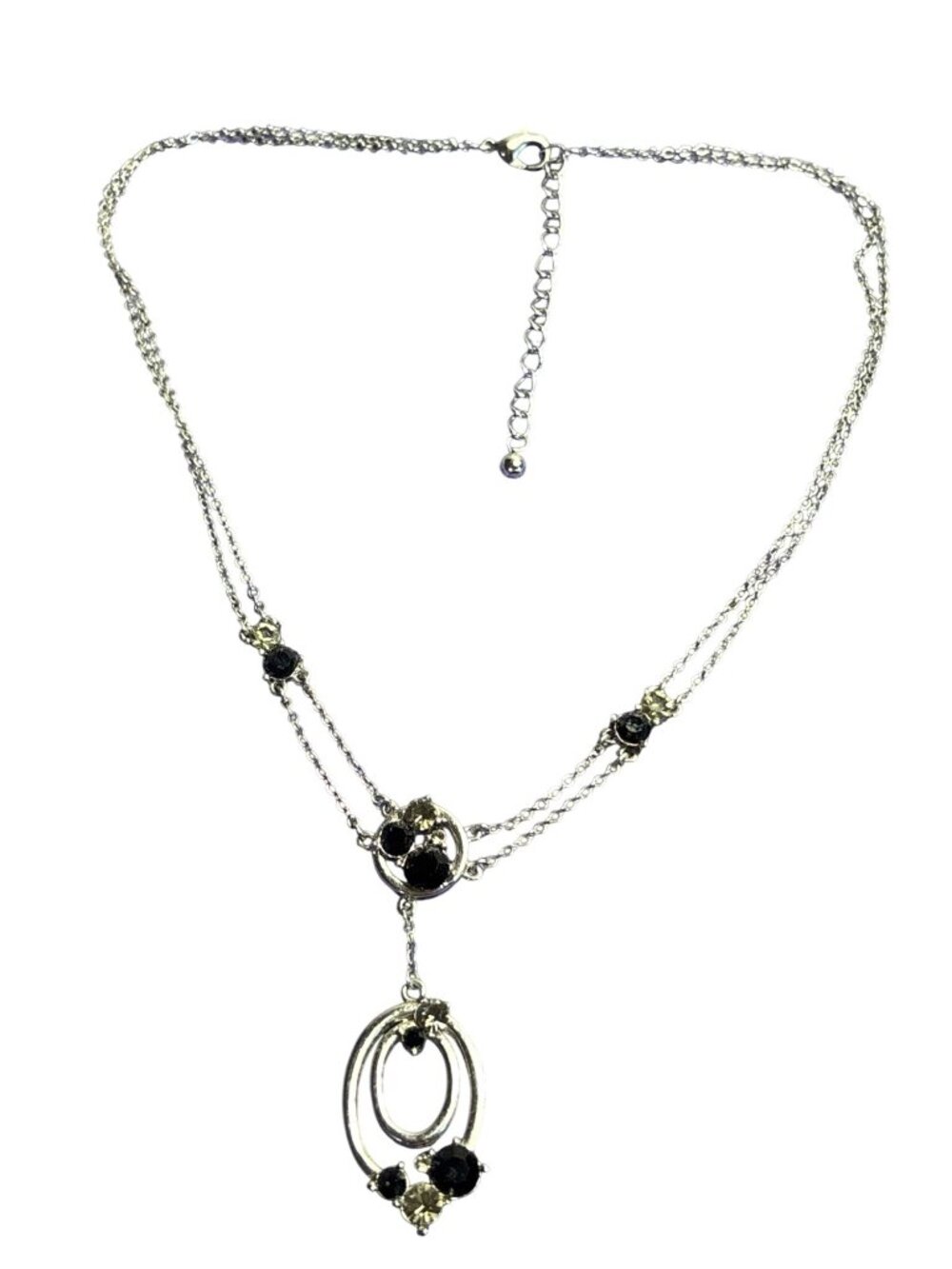 Silvertone Black Clear Rhinestone Clusters Necklace 16 - 18 inches Long